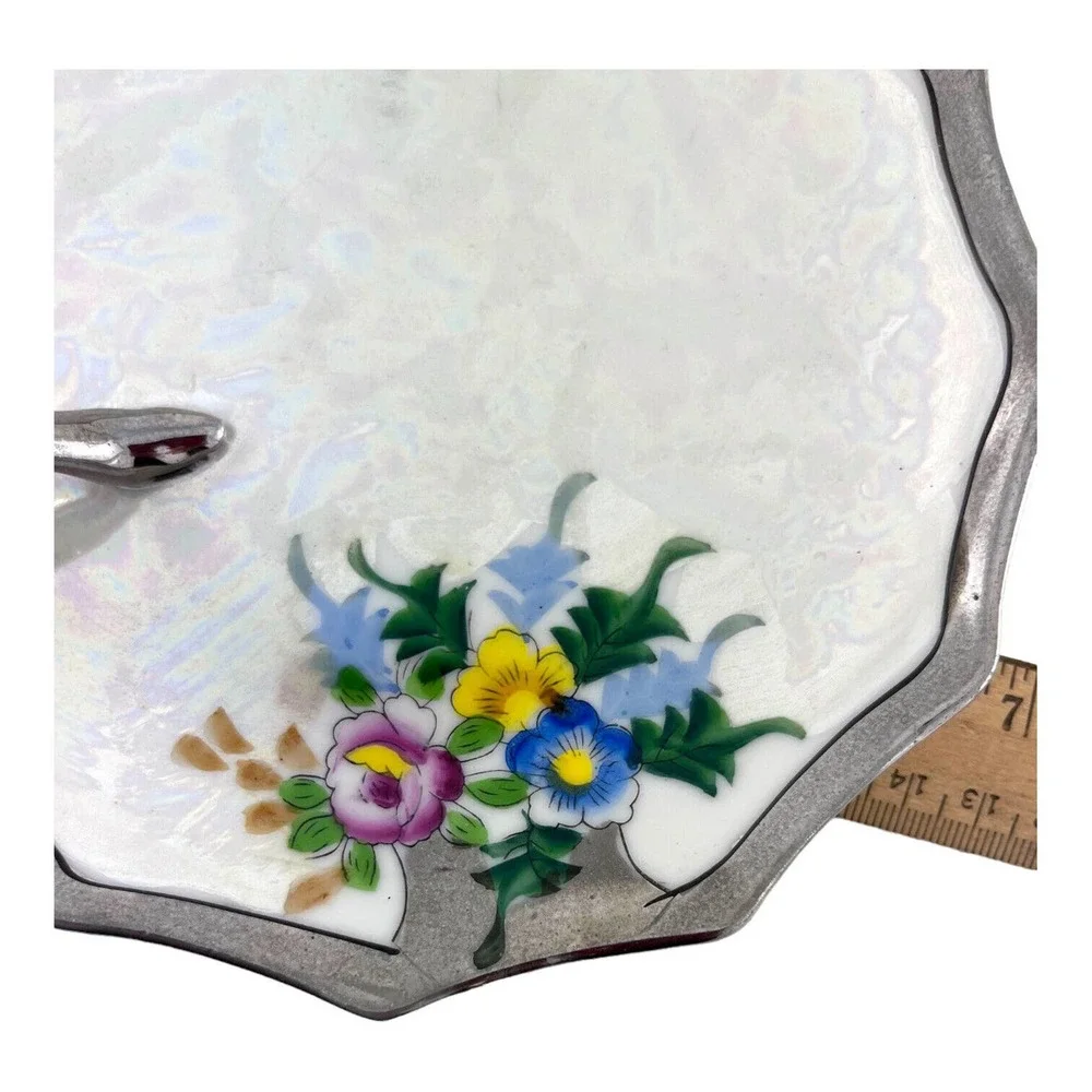 Lemon Server Nappy Dish Plate Silver Handle‎ Rising Sun Japan Luster Floral Vtg